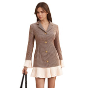 Waist-cinching Plaid Color-block Pleated Waist Design Elegant Dress