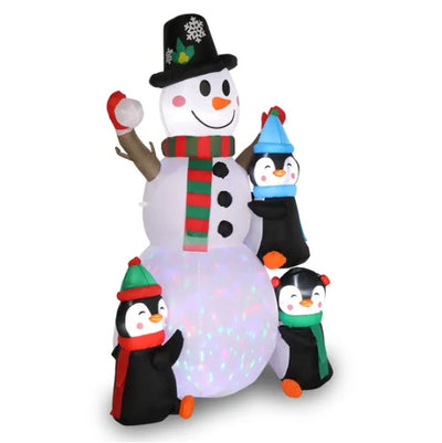 6ft With 3 Penguins, 4 Light Strings, 1 Colorful Rotating Light, Inflatable, Garden Snowman Decoration