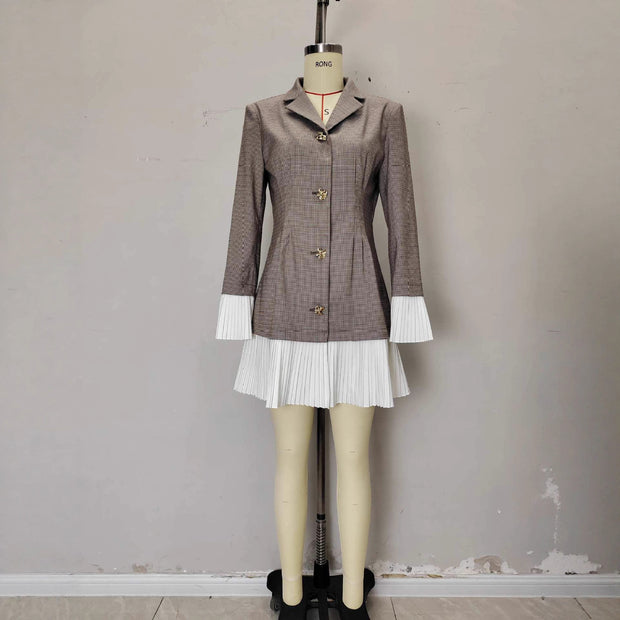 Waist-cinching Plaid Color-block Pleated Waist Design Elegant Dress