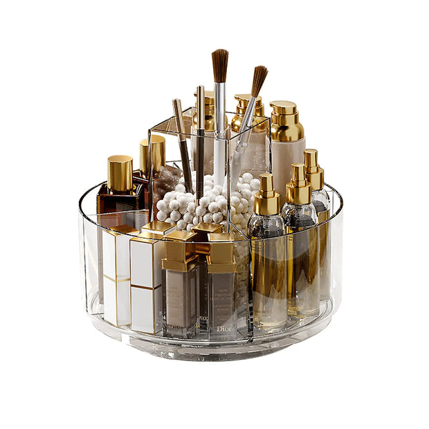 Taiuloo 360 Rotating Makeup Organizer Lazy Susan Turntable Cosmetics Storage Tray Spinning Makeup Brush Holder Organizer Case for Vanity Brushes Lipsticks Perfumes Skincare Clear