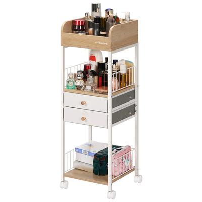 VIVOHOME Makeup Organizer with Drawers Cosmetics Display Cases 2 Shelves Floor Skincare Organizer Cart Vanity Organizer Holder for Perfumes Nail Polish Hair Tools Gift for Mom Wood Color