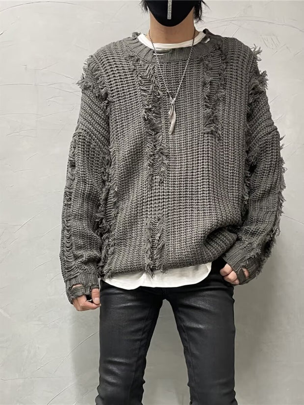 Niche Retro Tassel Ripped Design Loose Lazy Knit Sweater