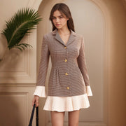 Waist-cinching Plaid Color-block Pleated Waist Design Elegant Dress